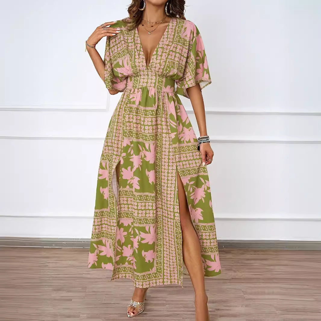 Summer Sexy V neck Short Sleeve Waist Controlled Printed Dress for Women