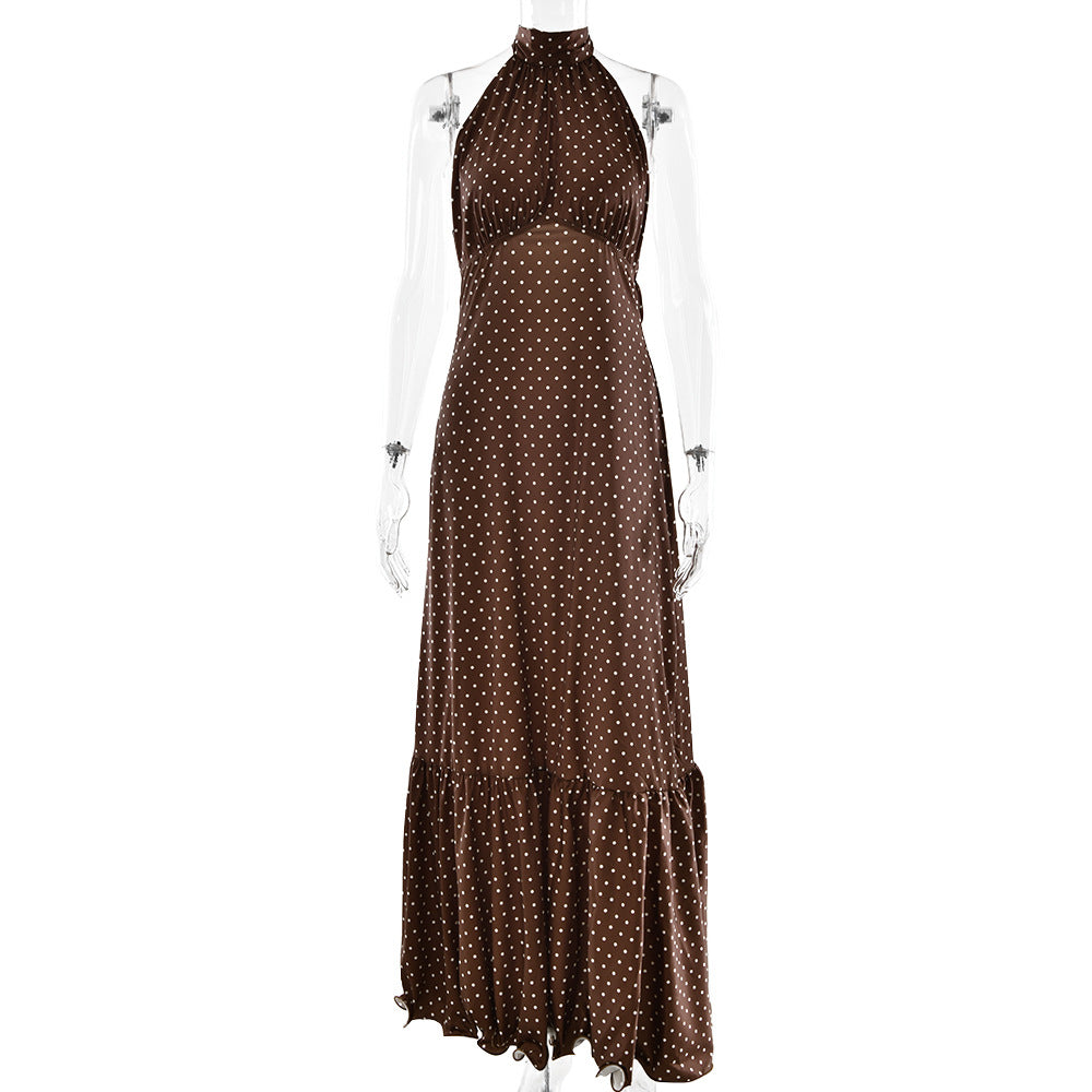 French Halter Polka Dot Satin Dress Sexy Elegant Backless Waist Trimming Dress