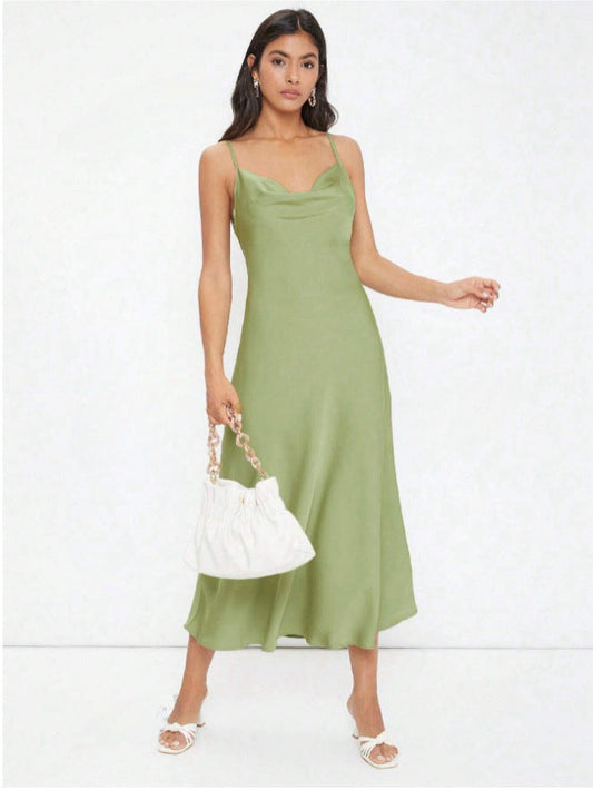 Women Clothing Spring Summer Satin Sling Deep V Plunge neck Slim Solid Color Dress