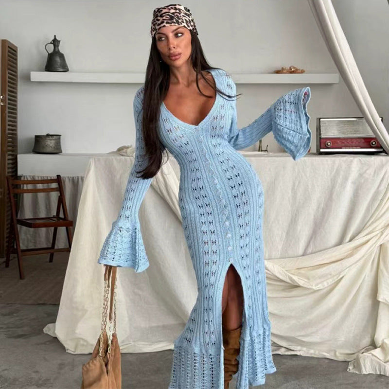 Solid Color Long Knitted Cardigan Coat Hollow Out Cutout Bell Sleeve Idle V neck Women Overall