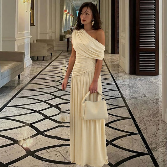 Women Clothing Spring Arrival Fashionable Sexy Diagonal Collar Pleated Asymmetrical Solid Color Dress