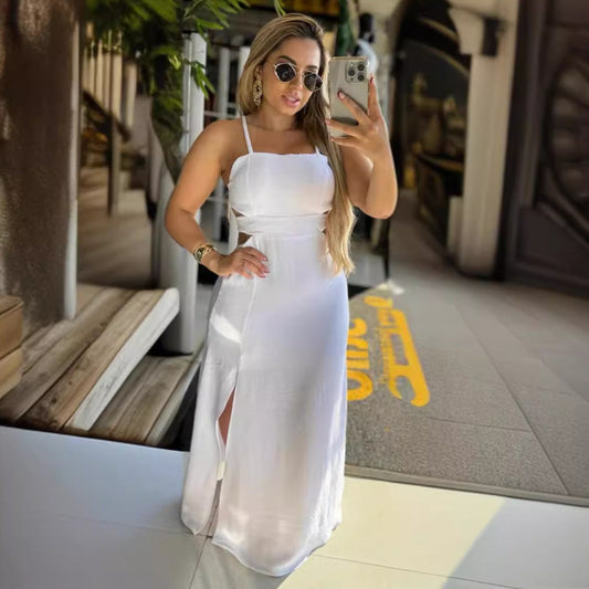 Women Solid Color Sleeveless Split Hip Strap Backless Dress