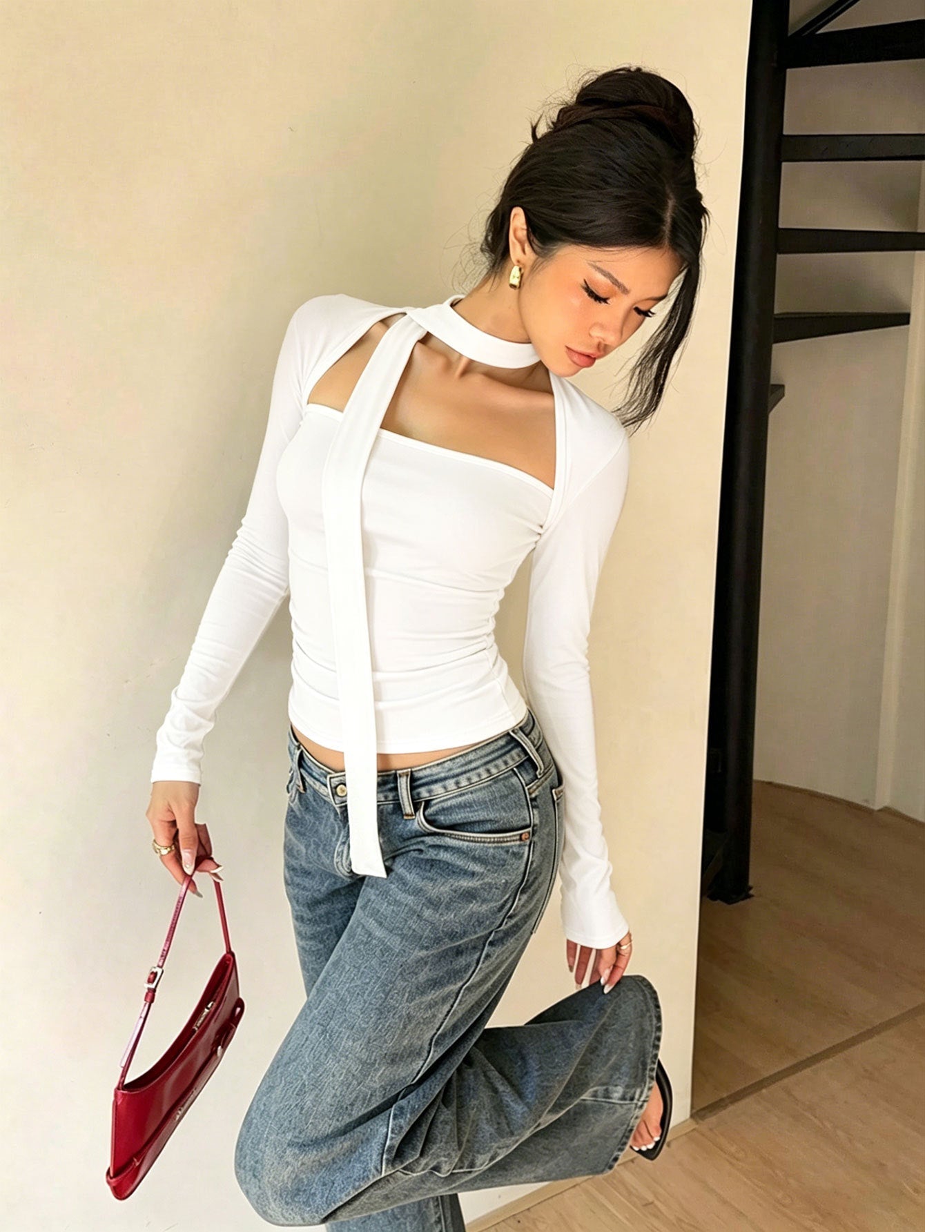 Sexy Square Collar Halter Tied Long Sleeves Top Slim Fit Slimming Sexy Outer Wear Bottoming Shirt Women