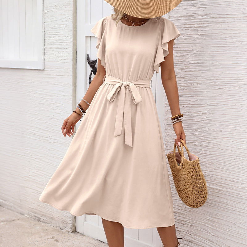 Simple Vacation Solid Color Flying Sleeves round Neck Tied Dress