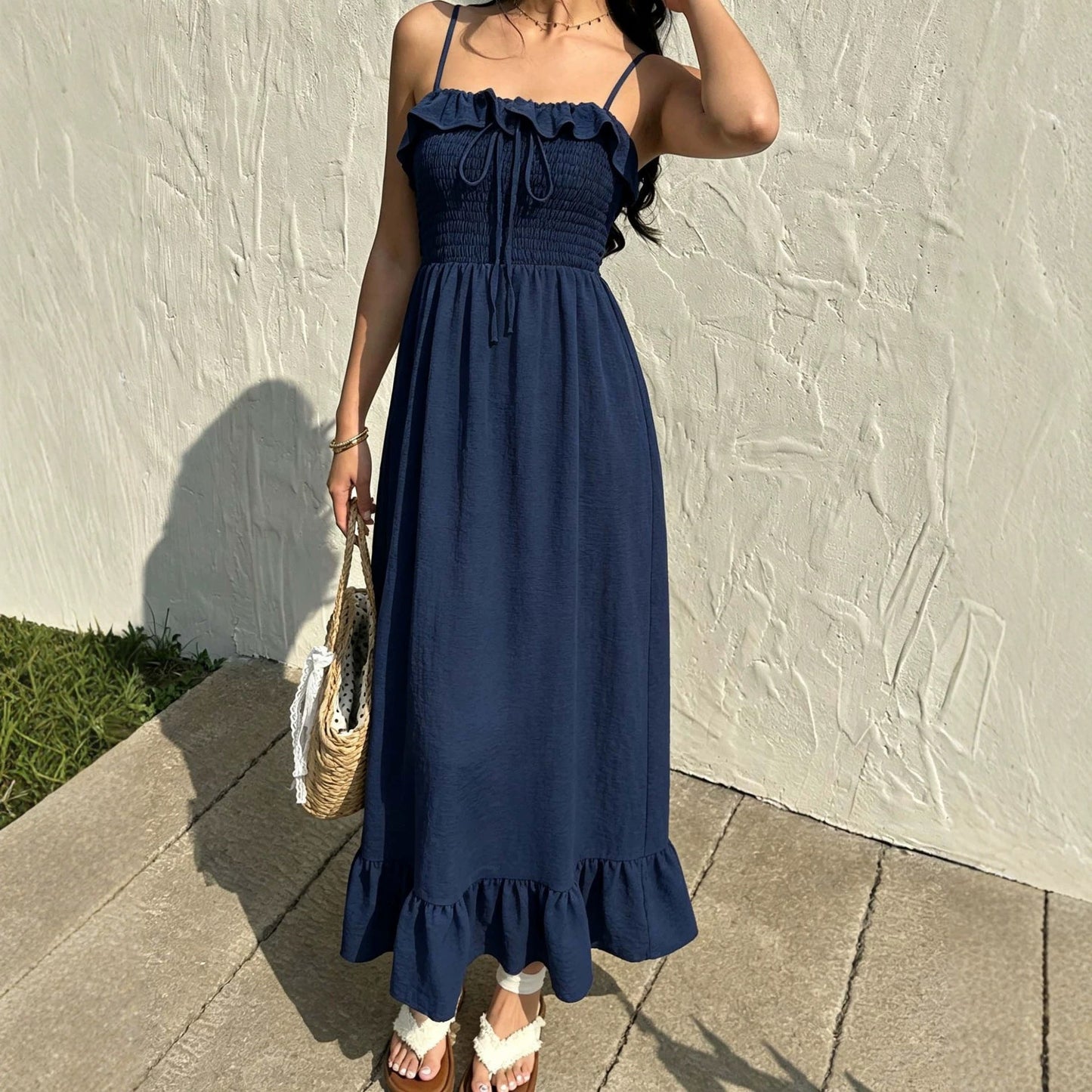Ruffled Spaghetti Straps Dress Women Summer Tight Waist Slim Backless Long Vacation