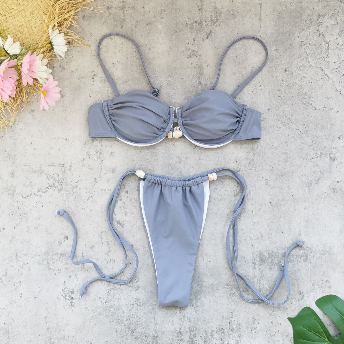 Solid Color Low Waist Lace up Sexy Backless Three Point Bikini Underwire Split Swimsuit for Women