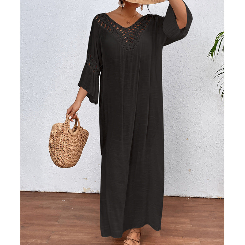 Women Clothing Hand Crocheting Stitching Colorful Ball Sexy Hollow Out Cutout out Backless Loose Beach Long Overskirt