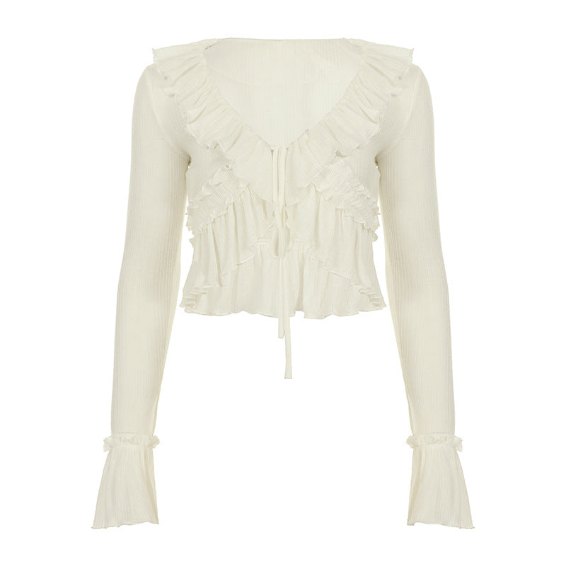 Women Streetwear Solid Color Semi See through Ruffled Tied Cardigan Irregular Asymmetric Long Sleeve V neck Blouse