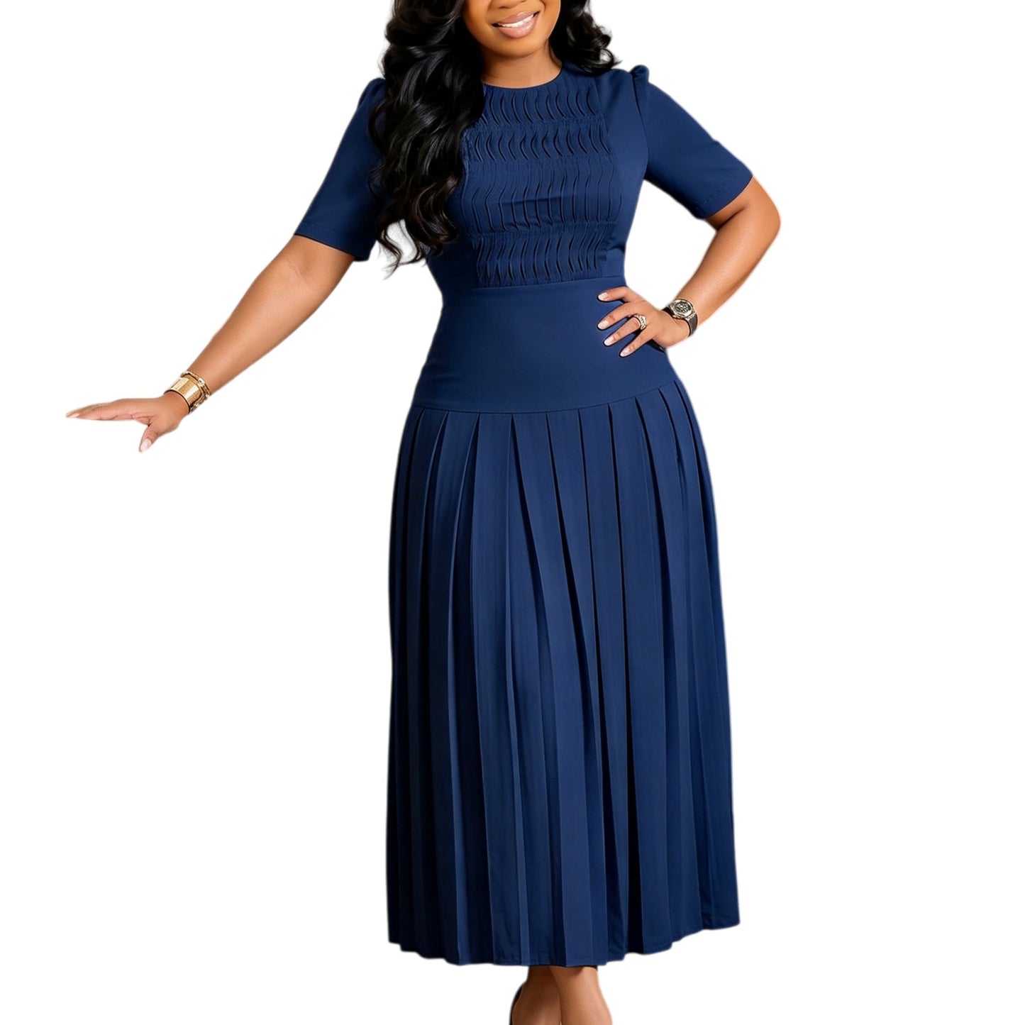 Women Clothing Pleated round Neck Stitching Pleated Dress