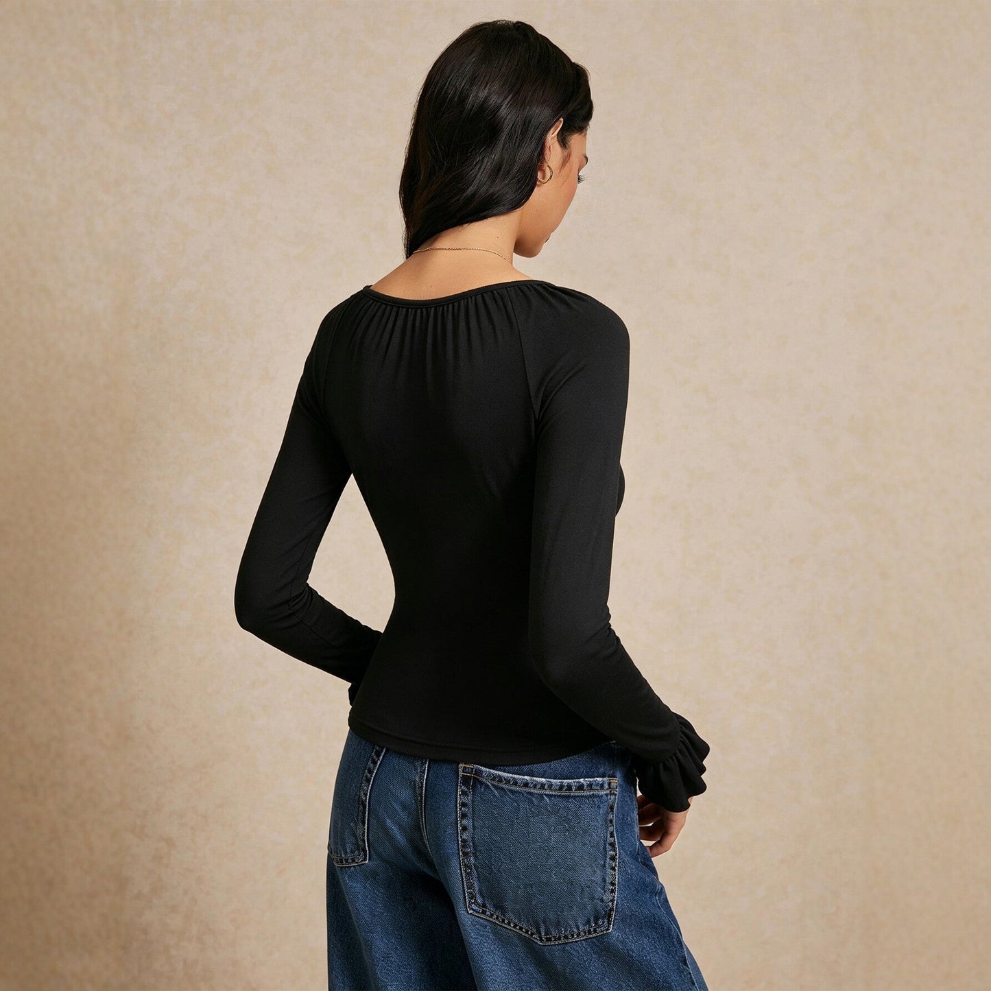 Square Collar Long Sleeve T shirt Women Lace Stitching Tied Waist Slimming Flared Sleeves Top