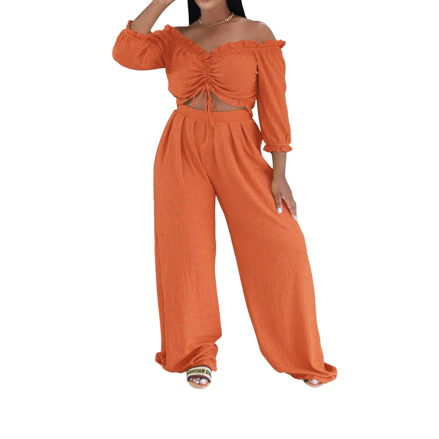 Women Clothing Half Sleeve Pleated Lace up Loose Breathable Two Piece Sets Sexy Summer