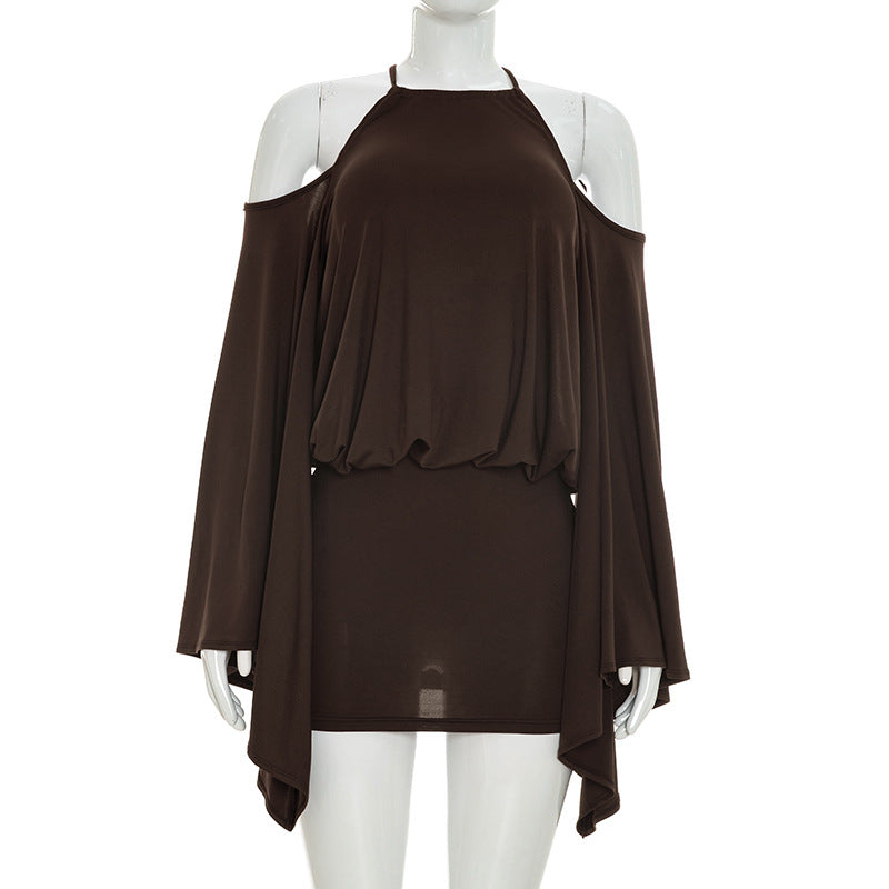 Women Clothing Summer Solid Color Casual Halter Large Bell Sleeve Backless Sheath Short Dress