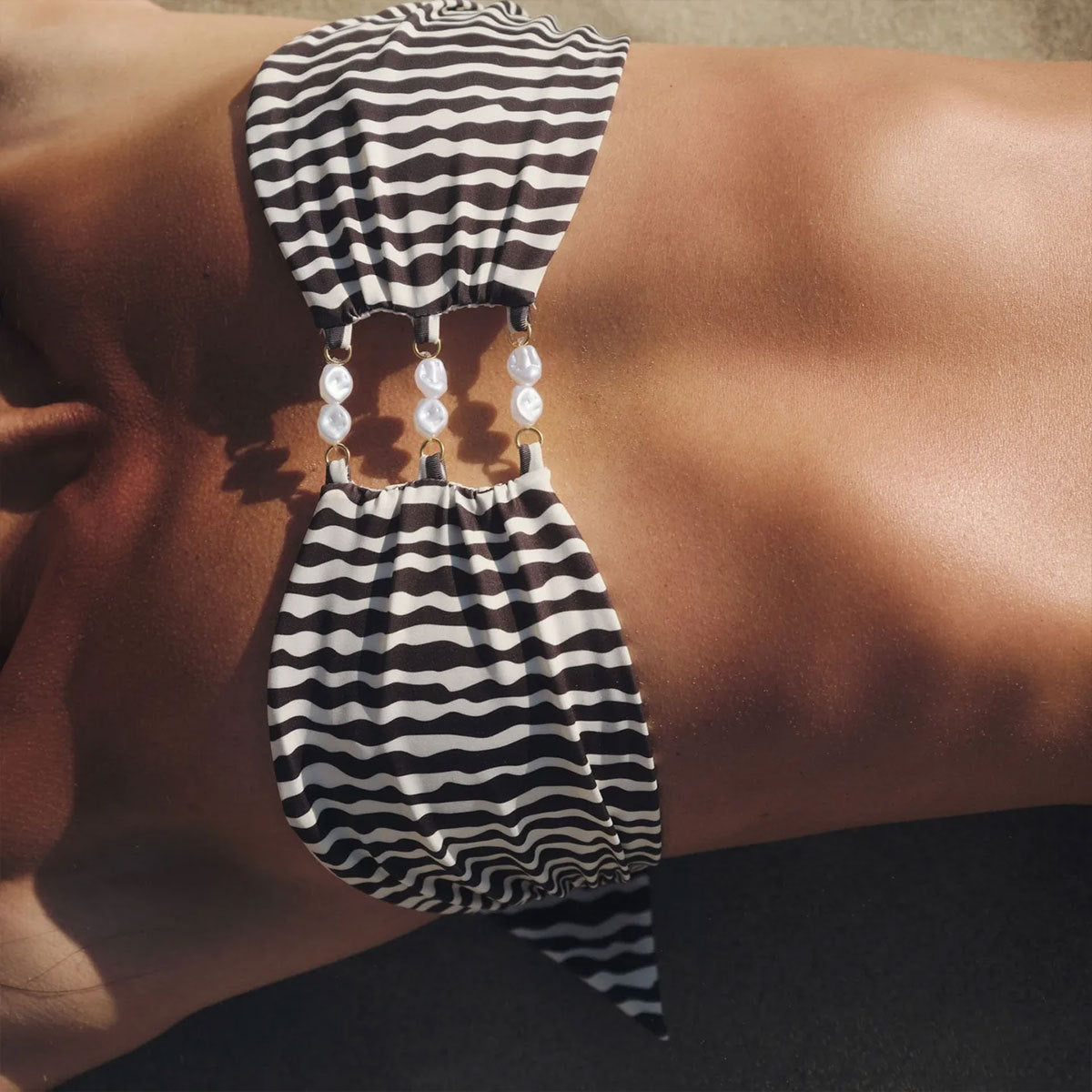 Black White Striped Printed Tube Top Hollow Out Cutout out Split Swimsuit for Women Bikini