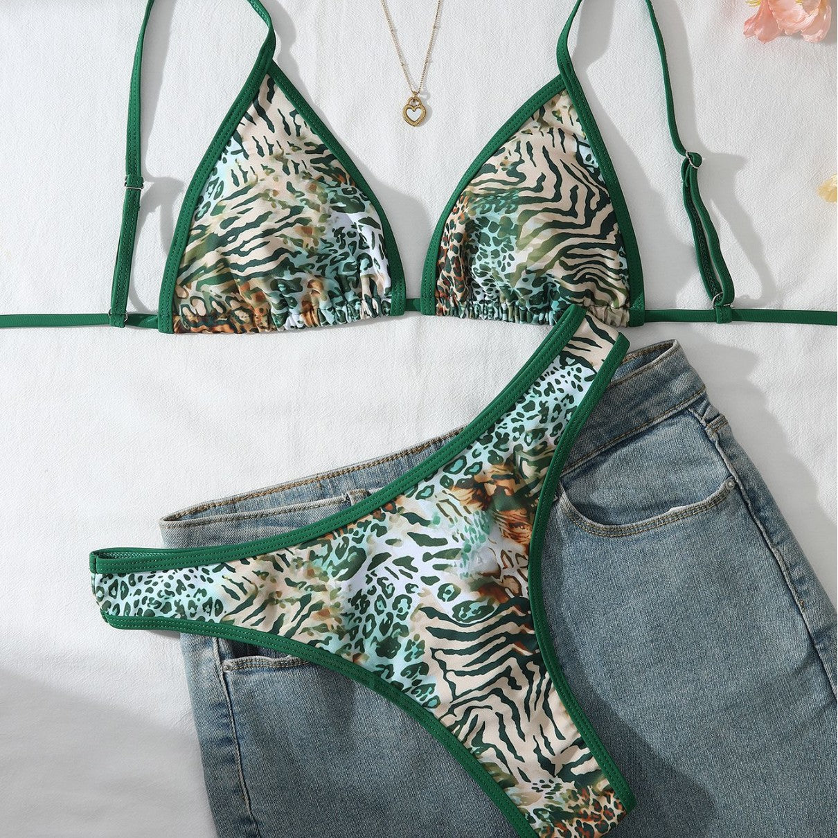 Green Leopard Print Sexy Bikini Slimming Two Piece Set Swimsuit
