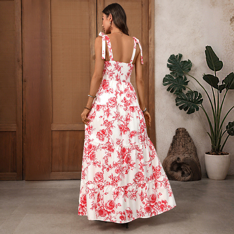 French Vacation Strap Retro Printed Large Swing Dress