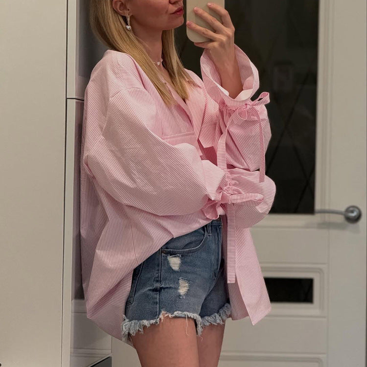 Fashionable Striped Office French Shirt for Women Spring Autumn Printing Collared Bell Sleeve Loose Pockets Shirt