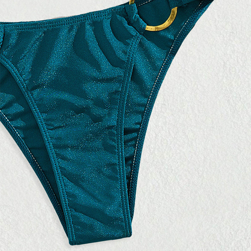 Sexy Bikini Solid Color Biniki Split Swimsuit Gold Ring Halter Swimsuit
