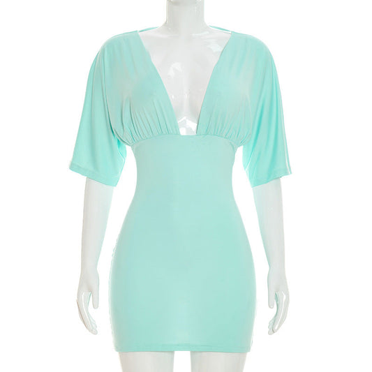 Women Clothing Summer Solid Color V neck Pleated Half Sleeve Slim Sheath Dress Women