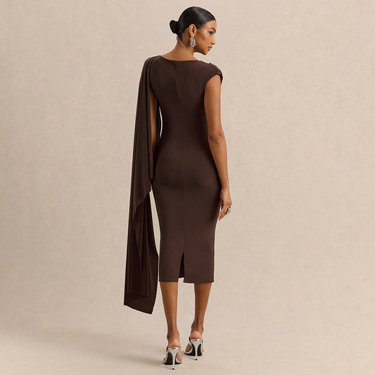 Women Clothing Summer Solid Color Casual Shawl Sleeveless Irregular Asymmetric Swing Collar Slim Dress