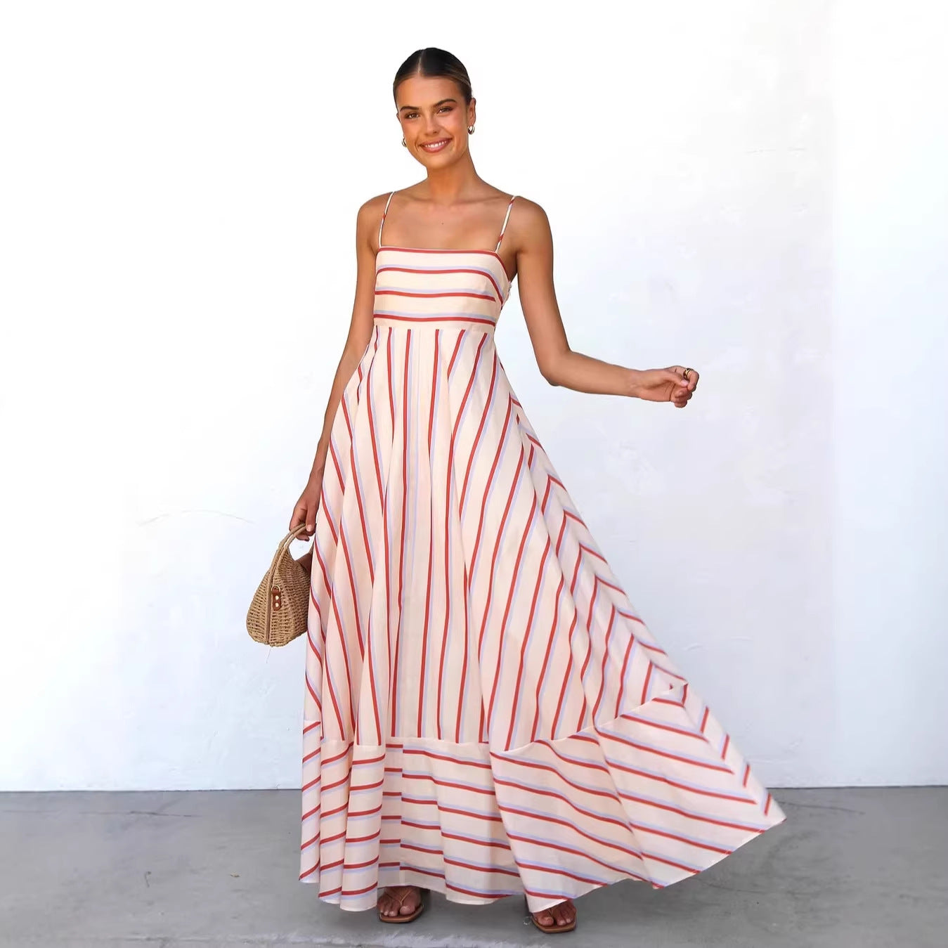Summer Cami Dress Striped Print High Waist Big Swing Vacation Women Dress
