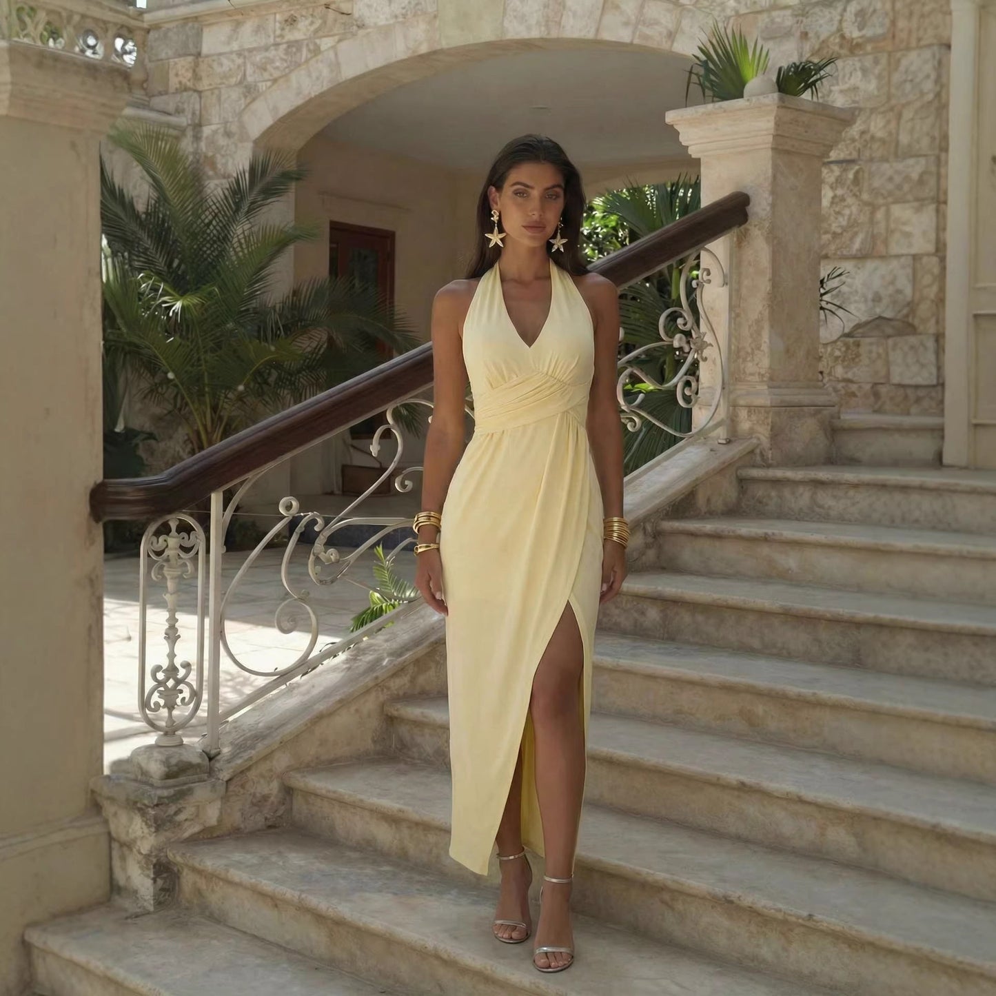 Summer Yellow Slit Backless Dress Advanced Halter Formal Dress Cocktail Evening Dress