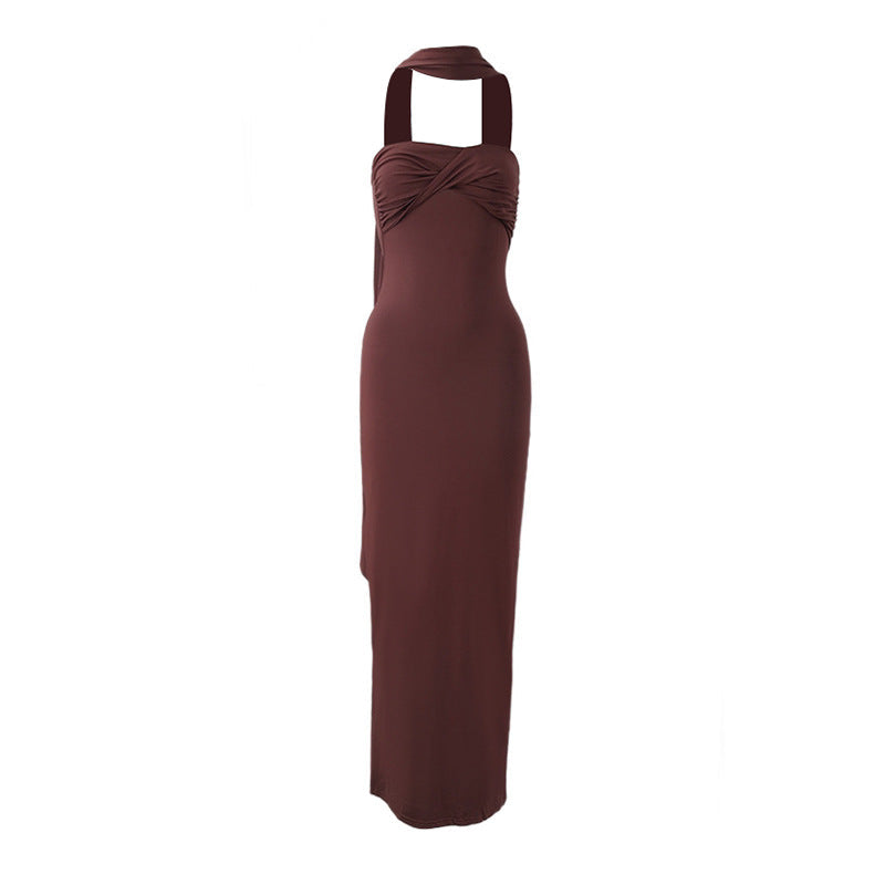 Women Summer Halter Ribbon Twist Woven Wrapped Chest Backless Slim Fit Niche Maxi Dress