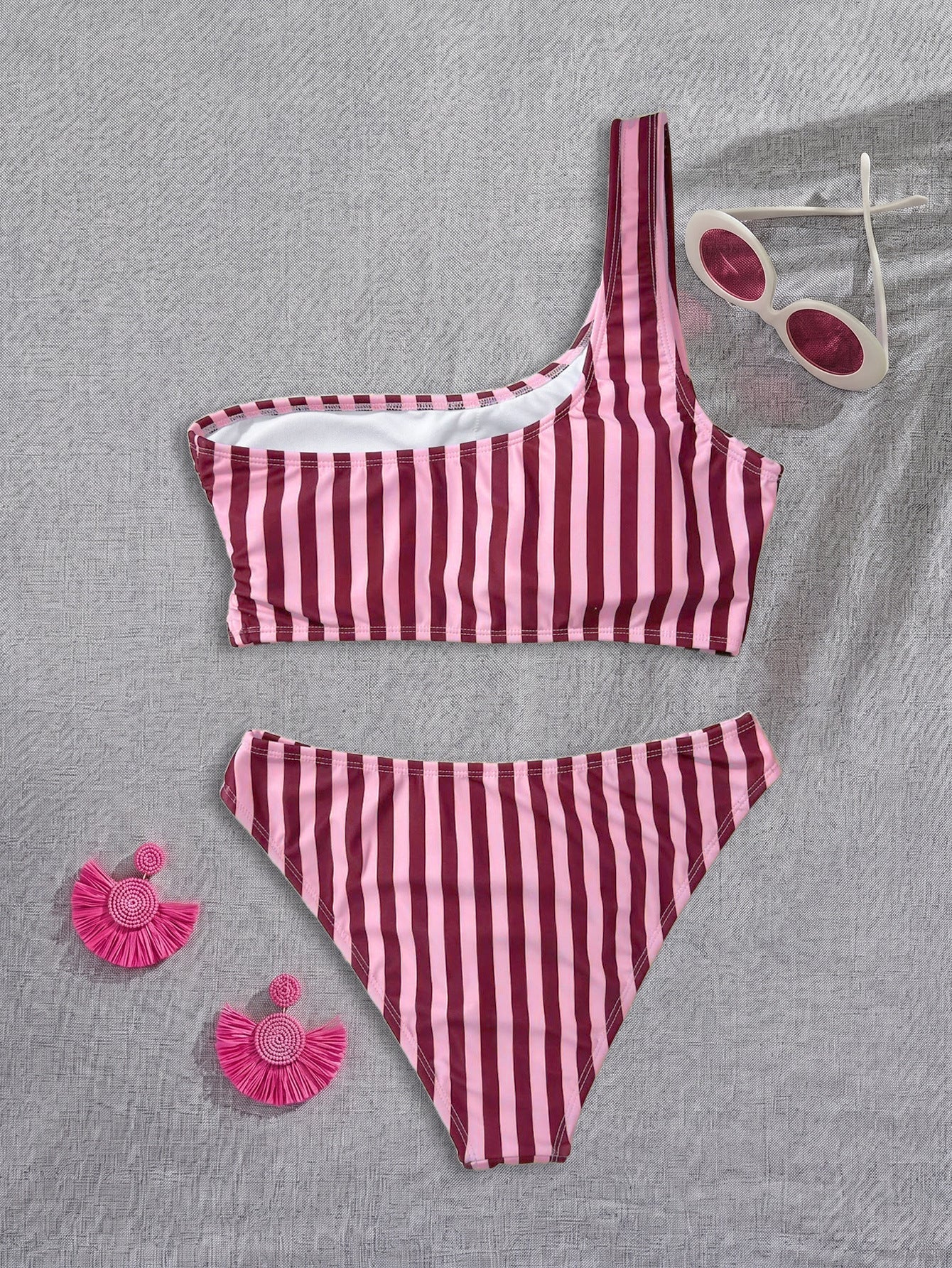 Bikini Pink Striped One Shoulder Tube Top Bikini Sexy Backless Low Waist Split Swimsuit