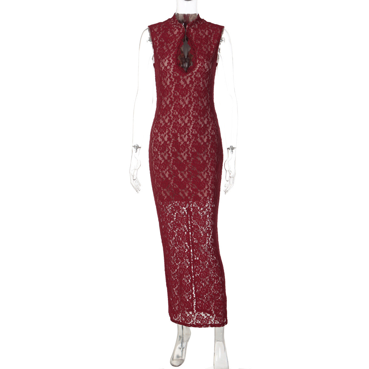 Sexy Hollow Out Cutout Lace Sleeveless Dress Sexy Slim Fit Slimming Sheath Split Dress