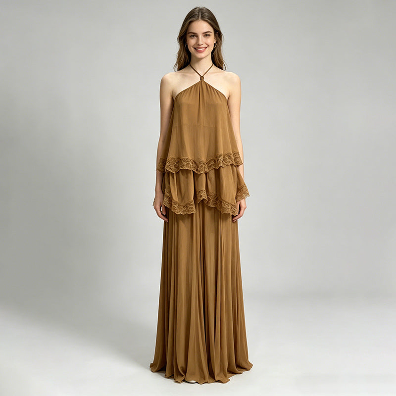 Modern Romantic Tiered Dress Halter Sleeveless Loose Profile Lace High Grade Dress