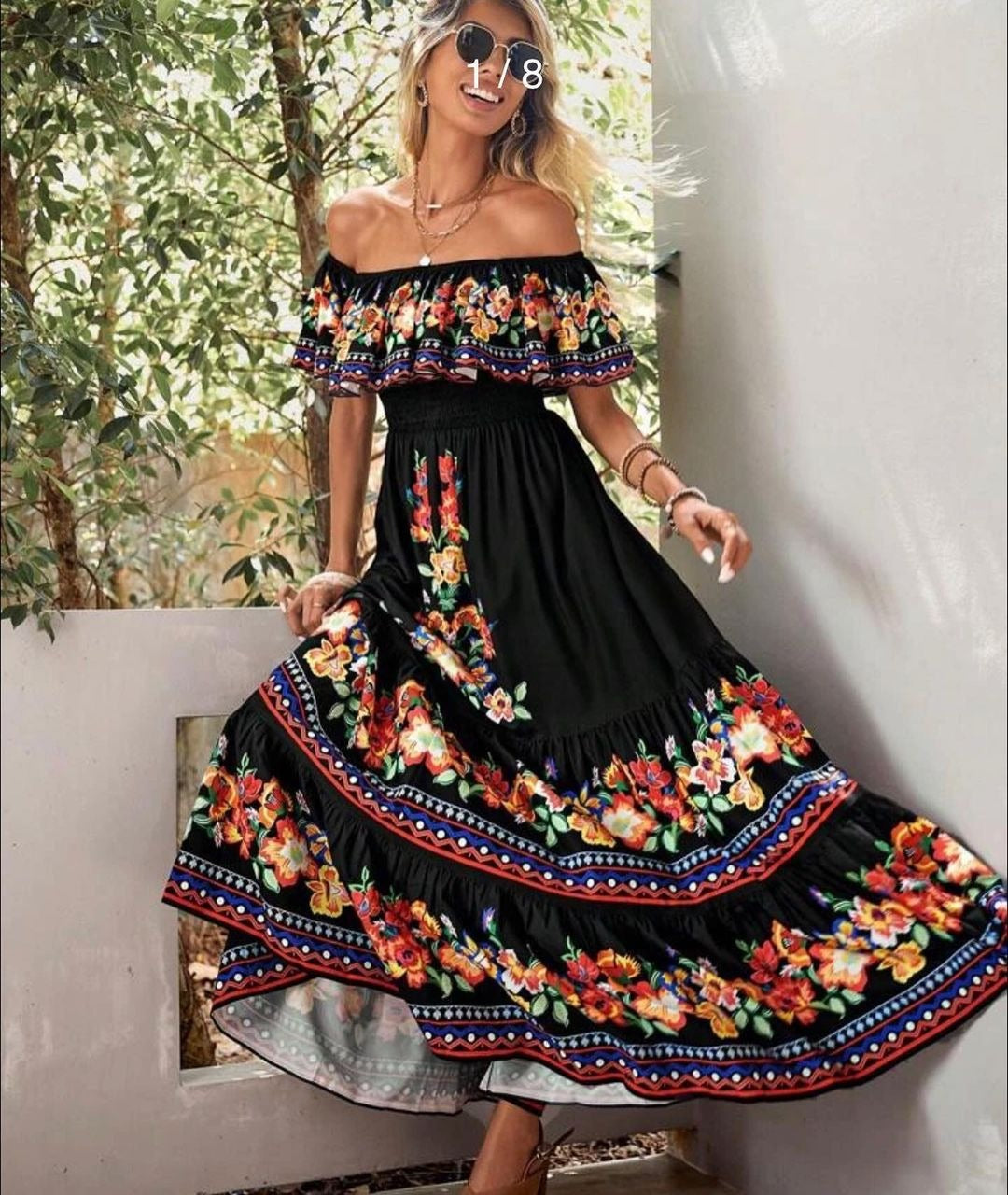 Spring Summer off Shoulder Printing Long Large Hem Dress