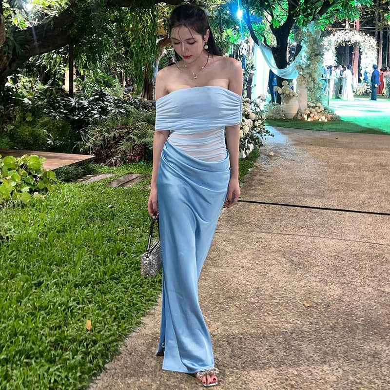 Women Clothing Spring Summer Sexy See through Stitching off Shoulder Dress