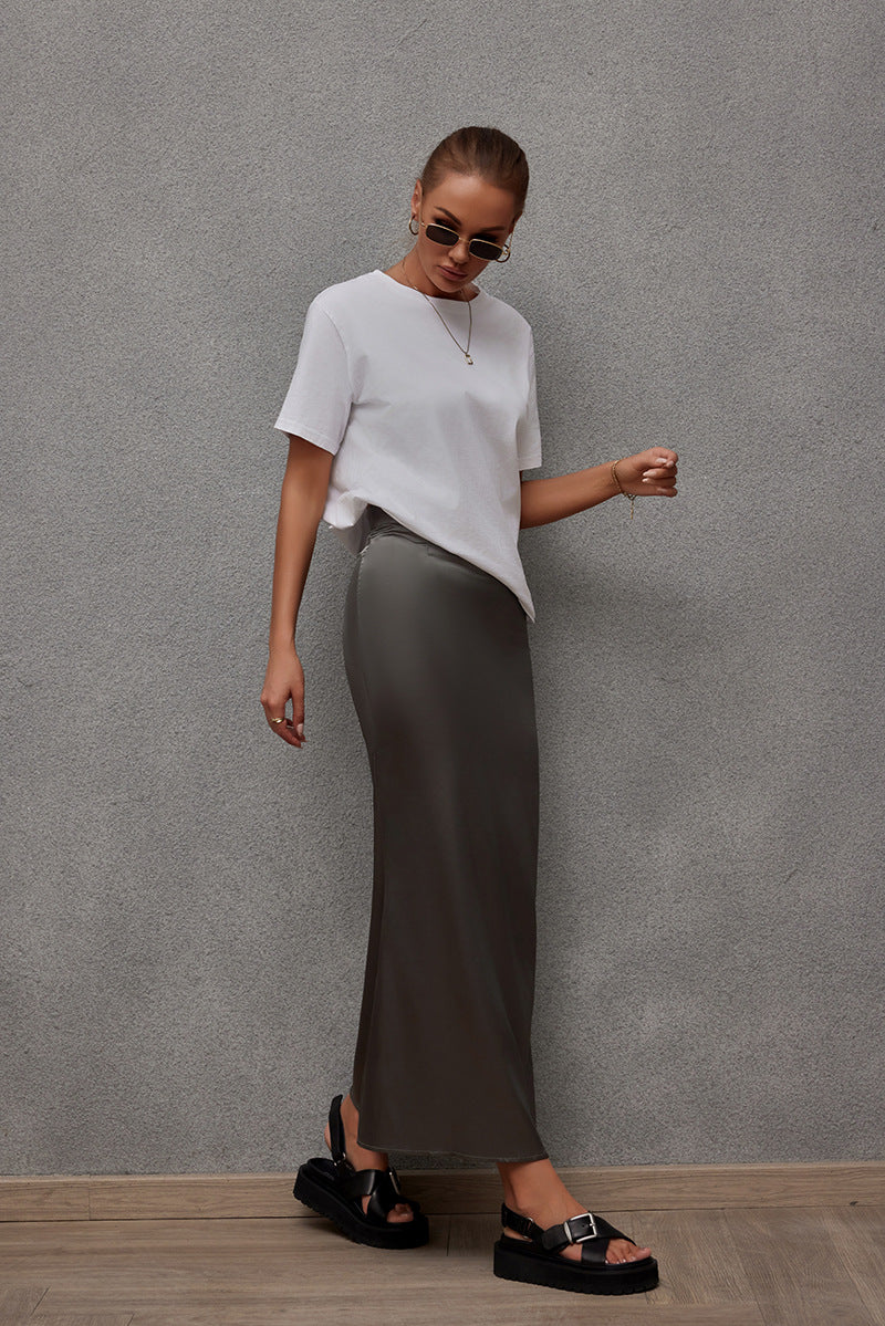Spring Summer Artificial Silk Skirt Satin Skirt Women Casual Satin Hip Skirt