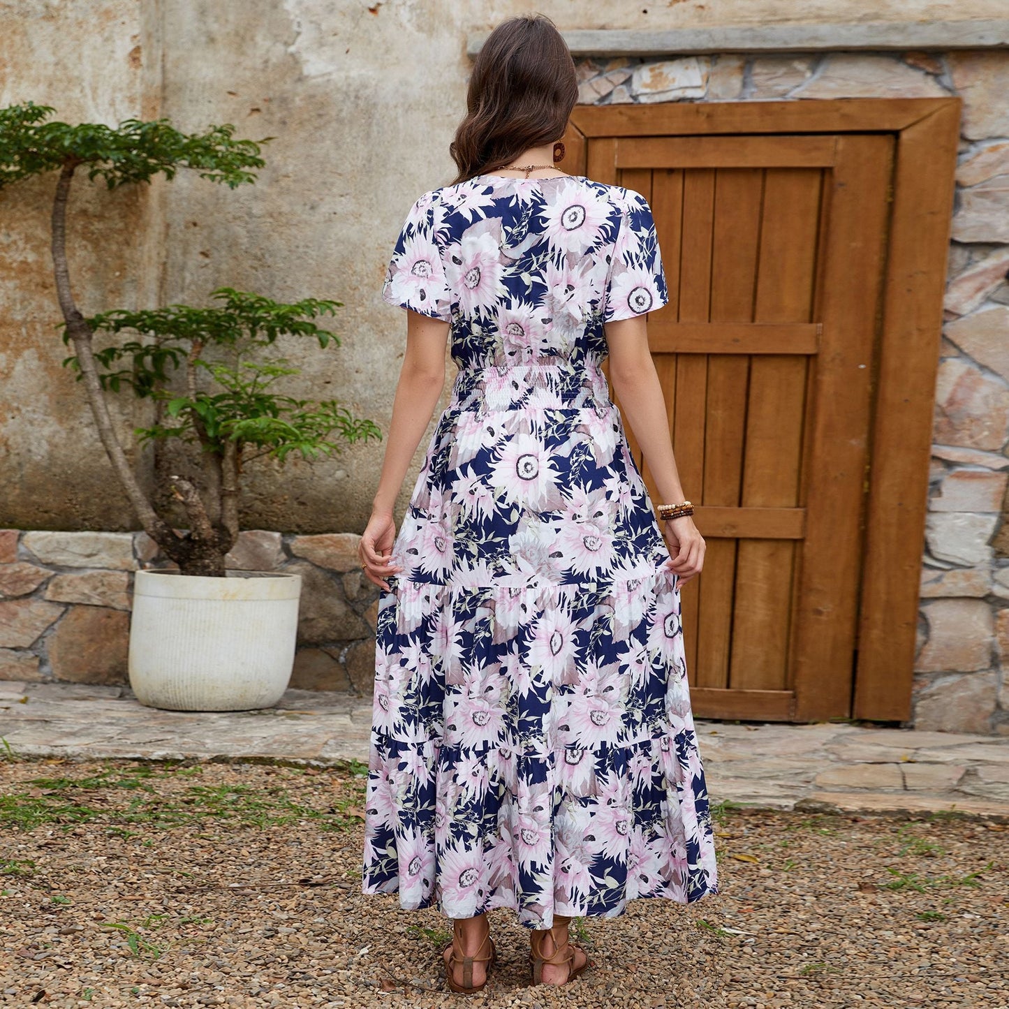 Real Shot Spring Summer Rayon Short Sleeve V neck Slim Fit Figure Flattering Maxi Dress Vacation Dress