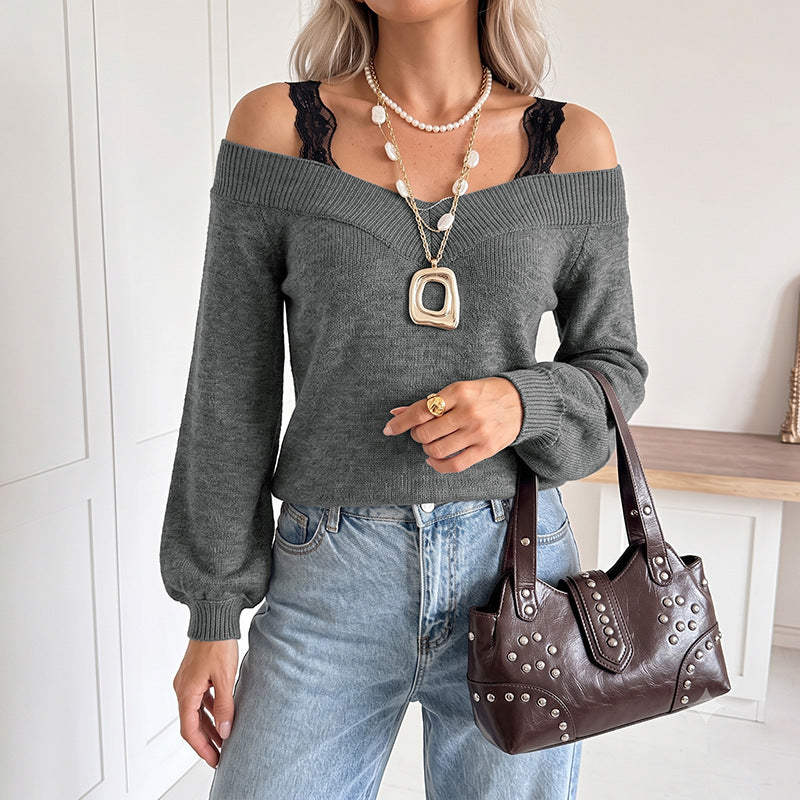 Loose Idle Solid Color Lace Patchwork Cold Shoulder Knitted Sweater Women