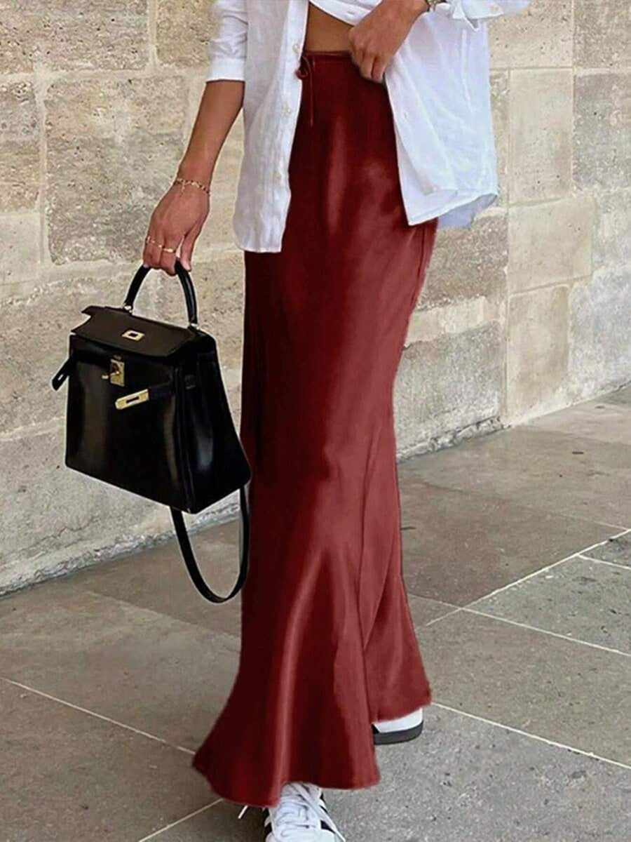 Popular Satin Satin Skirt Spring Autumn Elegant Lace up Long Skirt