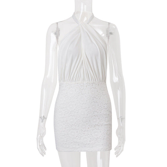 Women Clothing Summer Sexy Backless Cross Halterneck Lace up Sexy Slim Sheath Dress