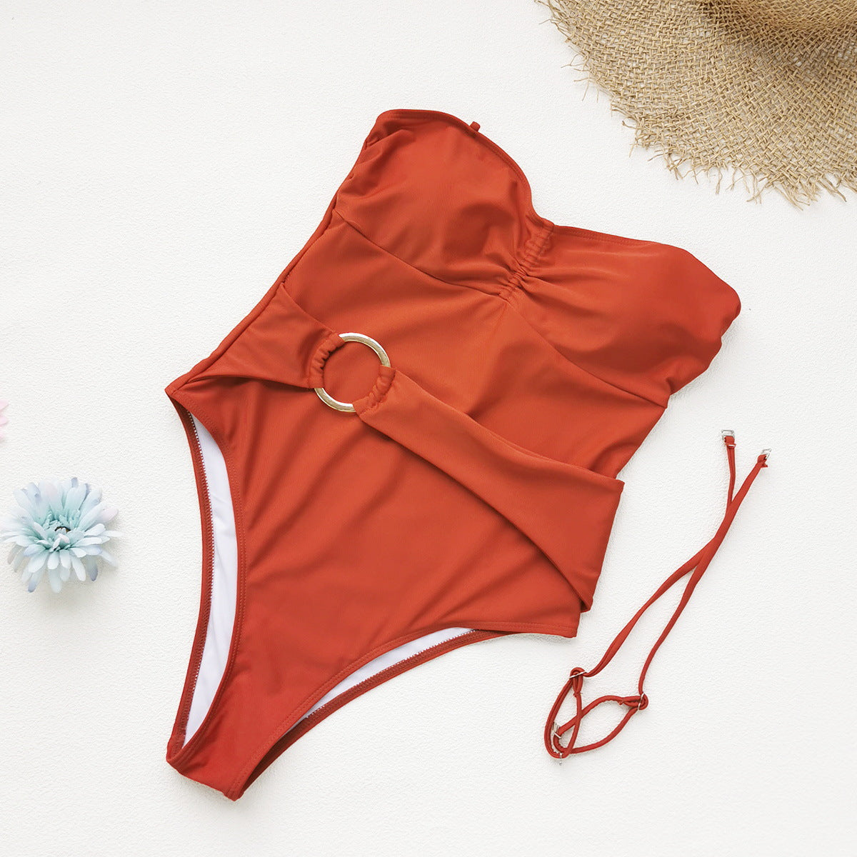 Detachable Shoulder Strap Slip on One Piece Swimsuit Women Solid Color Tube Top