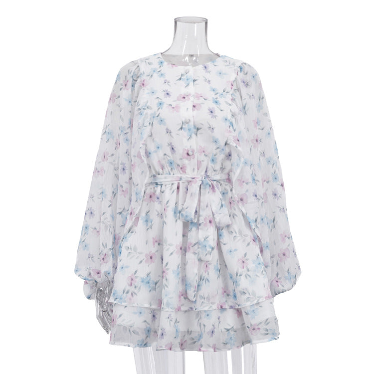 Dress Women Summer Round Neck Puff Sleeve Single Breasted Lace up A line Dress Floral Dress