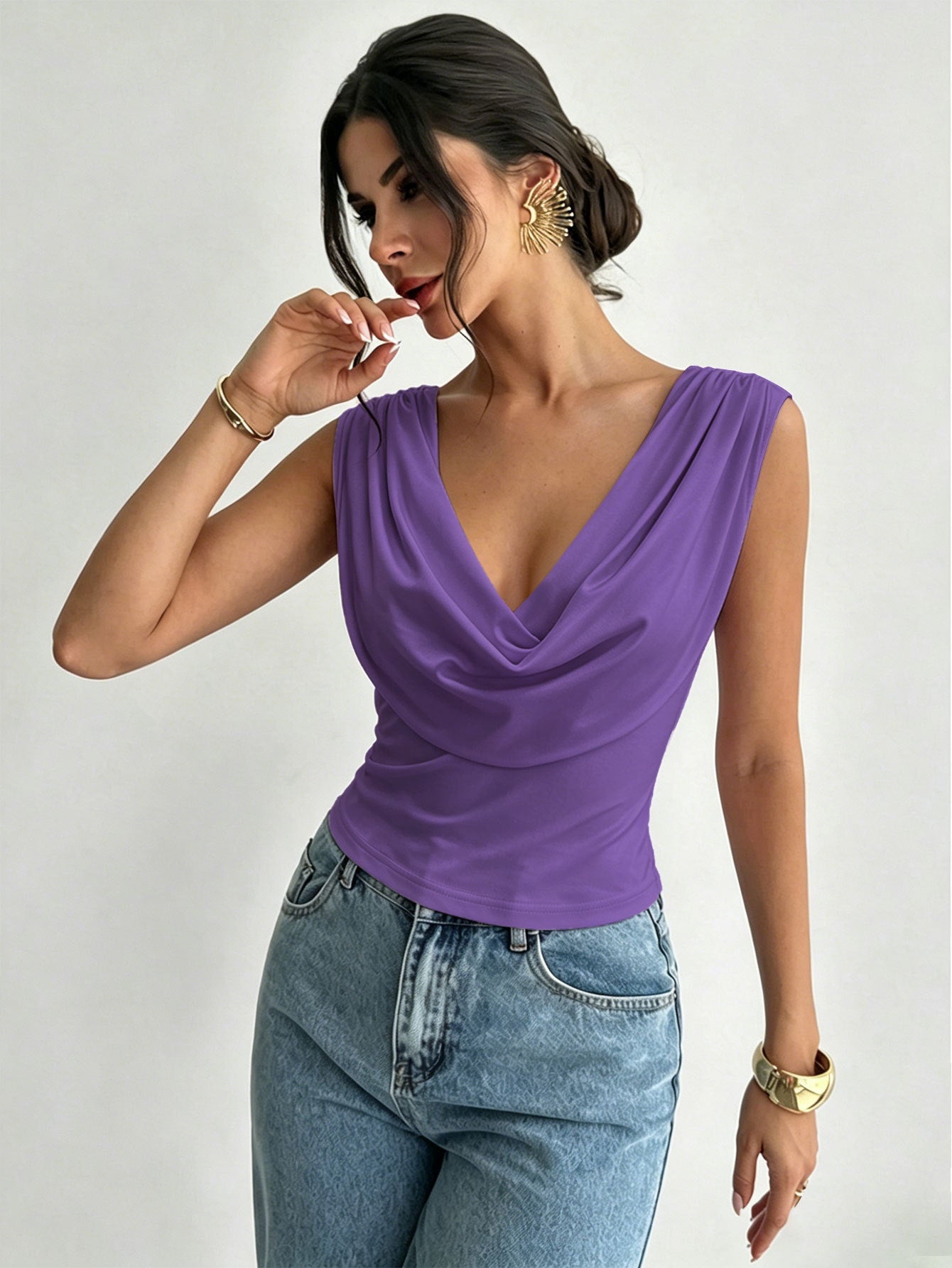 Summer Swing Collar Sleeveless T shirt Waist Slimming Sexy Short Top Women