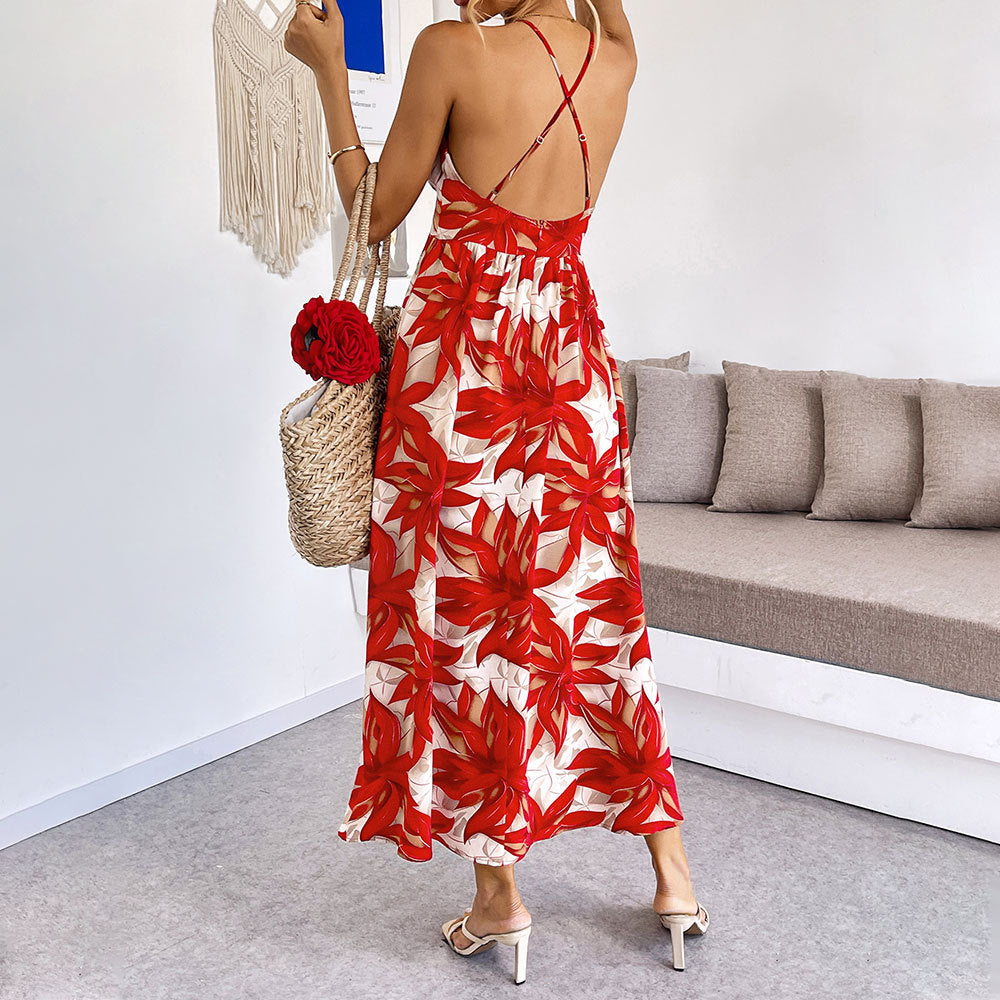 Women Clothing Casual Vacation Dress Summer Seaside Beach Maple Leaf Printed Dress