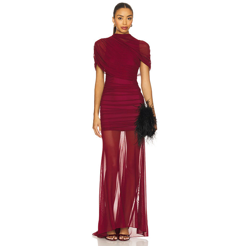 Women Clothing Summer Solid Color Mesh Stitching Short Sleeve Pleated Trailing Slim Fit Maxi Dress