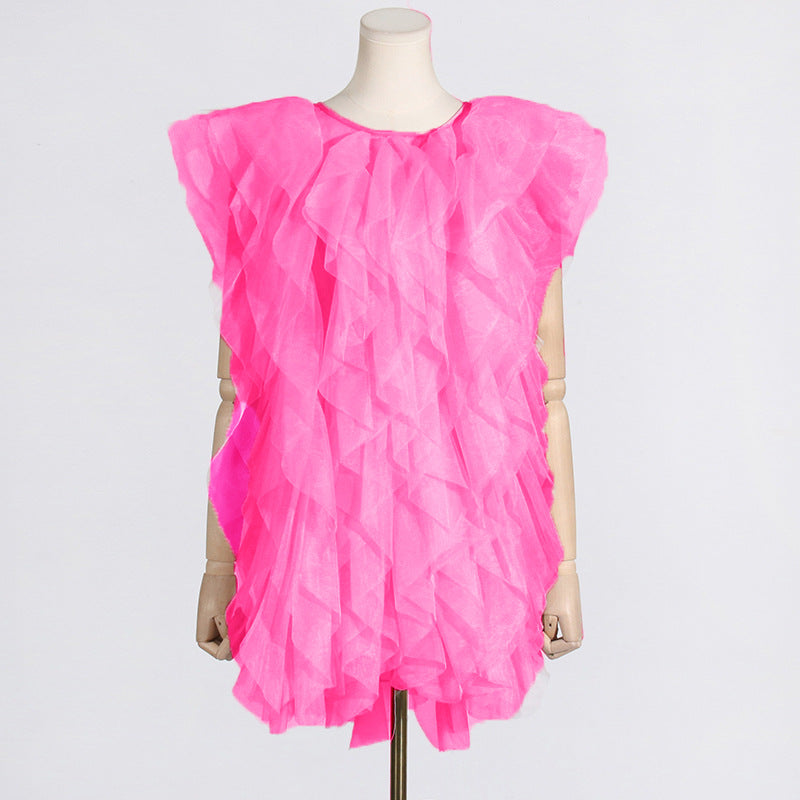 Irregular Asymmetric Ruffled Stitching See through Organza Sleeveless Sexy Dress Women