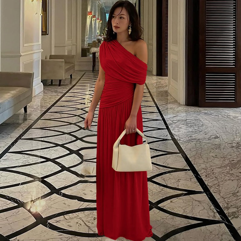 Women Clothing Spring Arrival Fashionable Sexy Diagonal Collar Pleated Asymmetrical Solid Color Dress