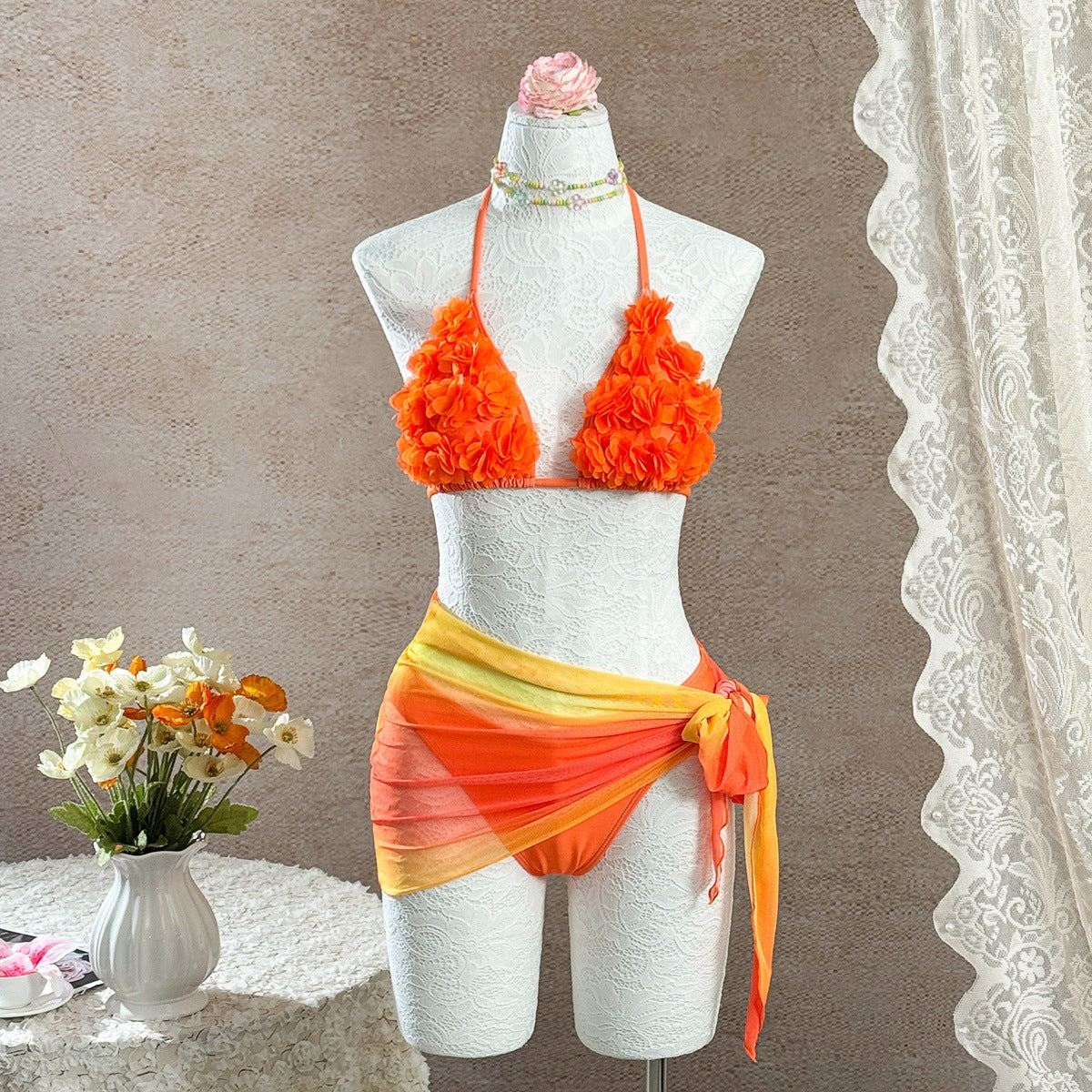 Three Dimensional Independent Floral More Exquisite Swimsuit Women High Waist Sexy Triangle Halter Bikini