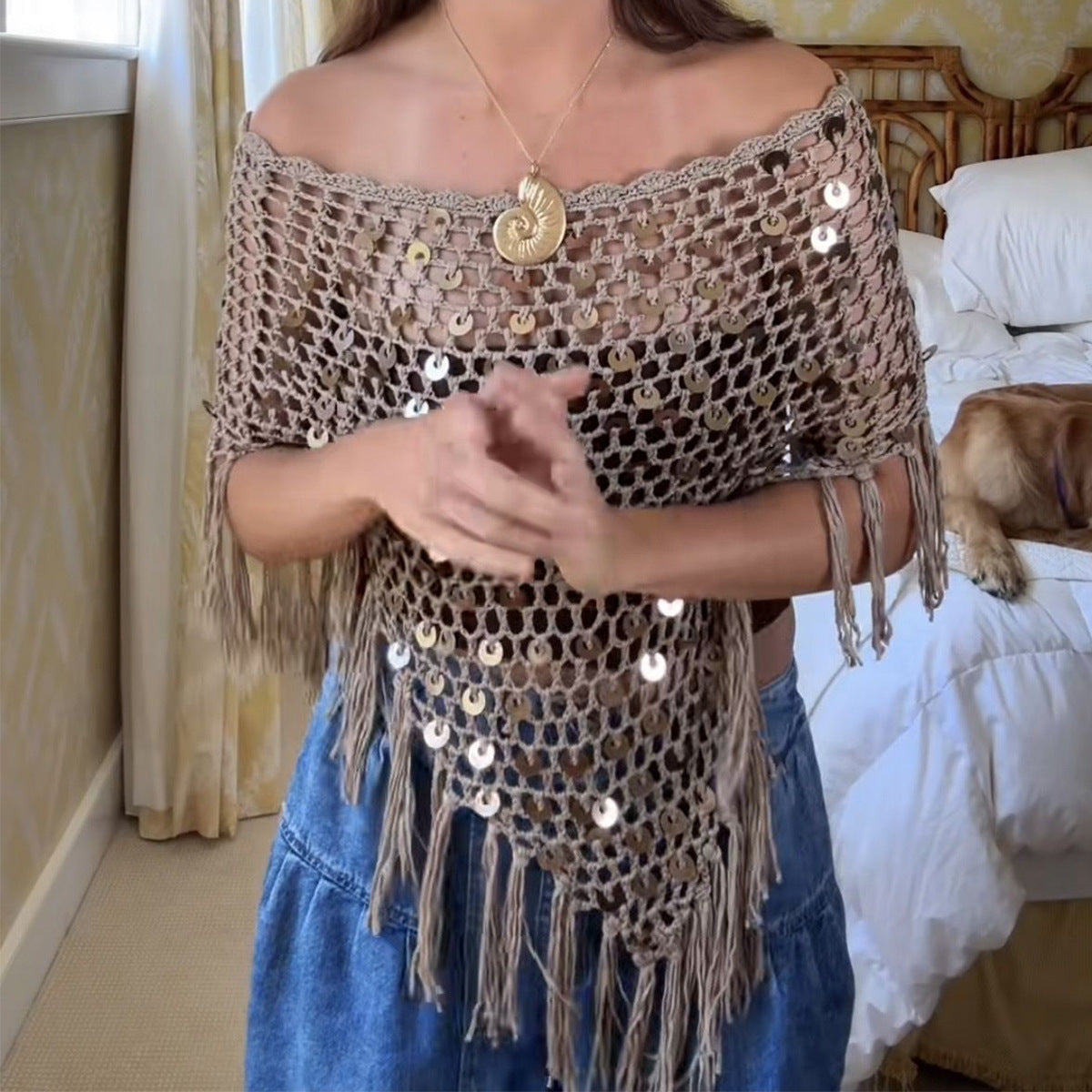 Arrival Handmade Crocheted Sequined Tassel Knitted Blouse Boho Hollow Out Cutout Triangle Cape Shawl