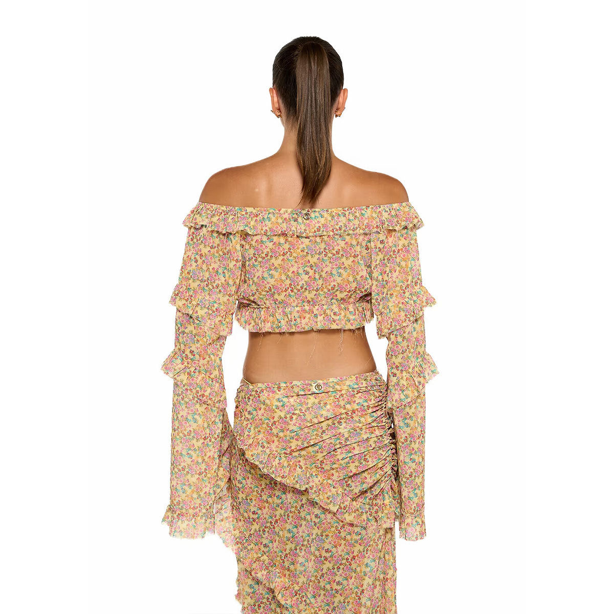 Chiffon Long Sleeve Split Beach Skirt Vintage Floral Split Skirt Sets Seaside Vacation