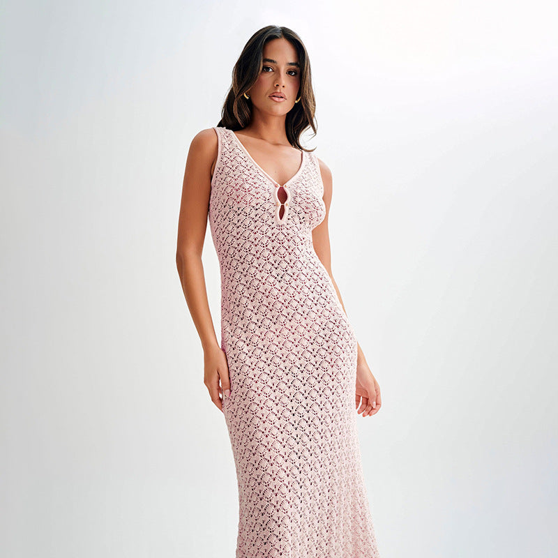 Summer Dress Sexy Sleeveless Hollow Out Cutout Knitted Beach Dress Backless High Grade Women