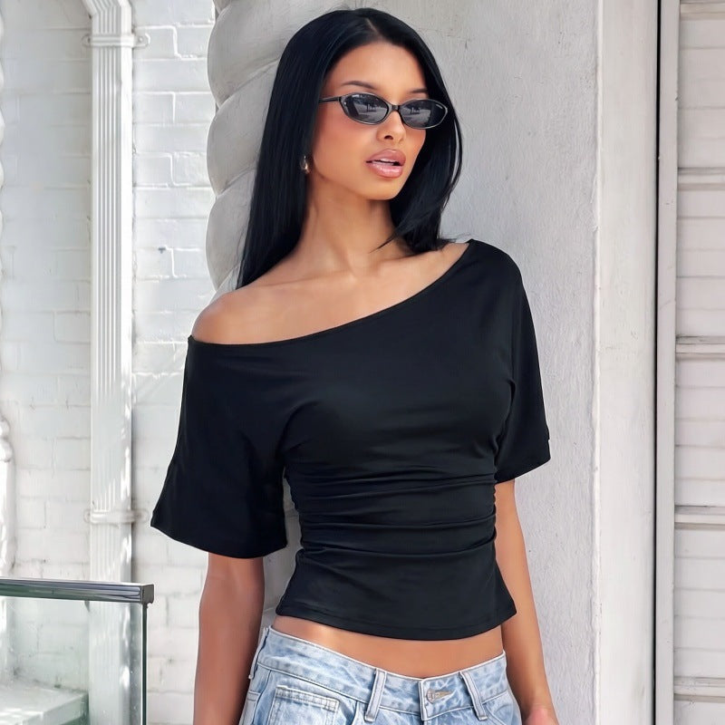 Women Clothing Summer Sexy Shoulder Lace up Waist Controlled Solid Color Short Sleeve Top T shirt