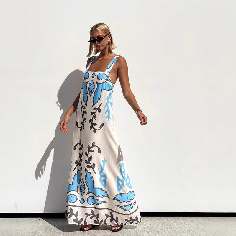 Summer Sexy Spaghetti-Strap Floral Print Dress Casual Loose Vacation Dress