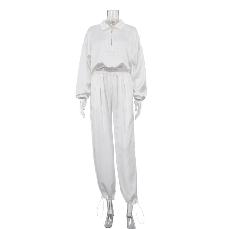 Elegant Women Clothing High Grade Satin Casual Women Long Sleeve Collared Top Ankle Banded Pants Two Piece Sets